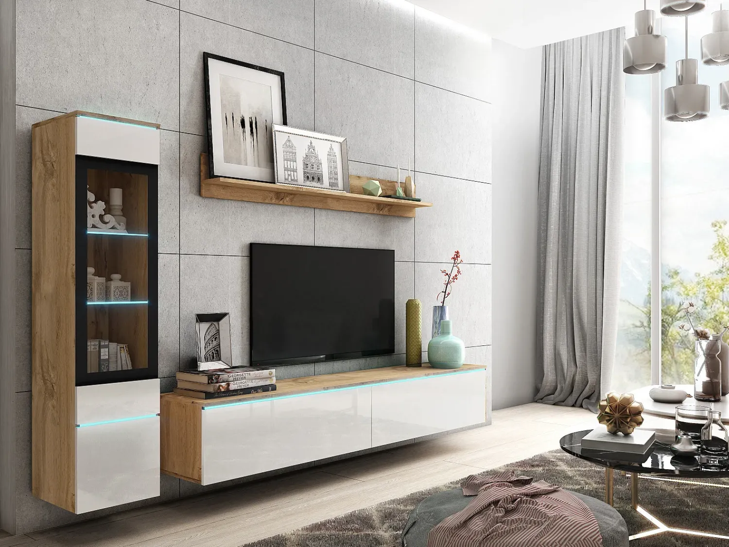 Conjunto de móveis para sala 3 elementos com LED – rack 180 cm, vitrine e prateleira, corpo carvalho Wotan, frentes branco brilho^ Móvel De Tv
