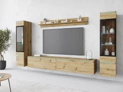Sale Conjunto de móveis para sala com LED 4 elementos – rack 180 cm, 2 vitrines e prateleira, composição de parede de pé ou suspensa carvalho Artisan Natural escuro