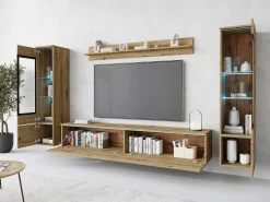 Sale Conjunto de móveis para sala com LED 4 elementos – rack 180 cm, 2 vitrines e prateleira, composição de parede de pé ou suspensa carvalho Artisan Natural escuro
