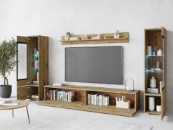 Sale Conjunto de móveis para sala com LED 4 elementos – rack 180 cm, 2 vitrines e prateleira, composição de parede de pé ou suspensa carvalho Artisan Natural escuro