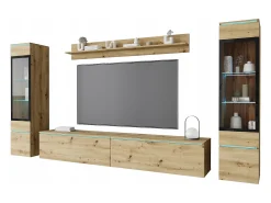 Sale Conjunto de móveis para sala com LED 4 elementos – rack 180 cm, 2 vitrines e prateleira, composição de parede de pé ou suspensa carvalho Artisan Natural escuro