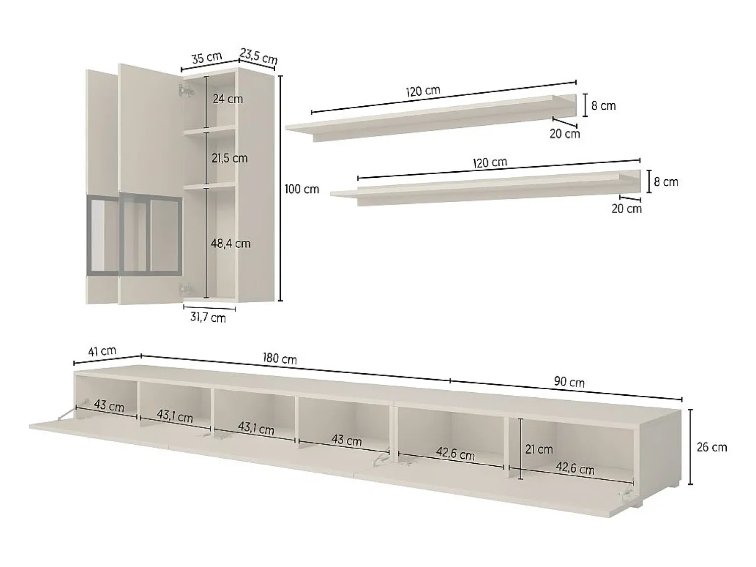 Meublorama Conjunto de móveis para sala RAMOS – claro – Design contemporâneo sem LED^ Móvel De Tv
