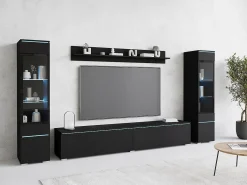 Móvel De Tv* Conjunto de móveis para sala com LED 4 elementos – rack 180 cm, 2 vitrines e prateleira, composição de parede de pé ou suspensa fosco Preto