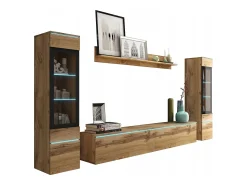 Sale Conjunto de móveis para sala com LED 4 elementos – rack 180 cm, 2 vitrines e prateleira, composição de parede de pé ou suspensa carvalho Wotan Natural escuro
