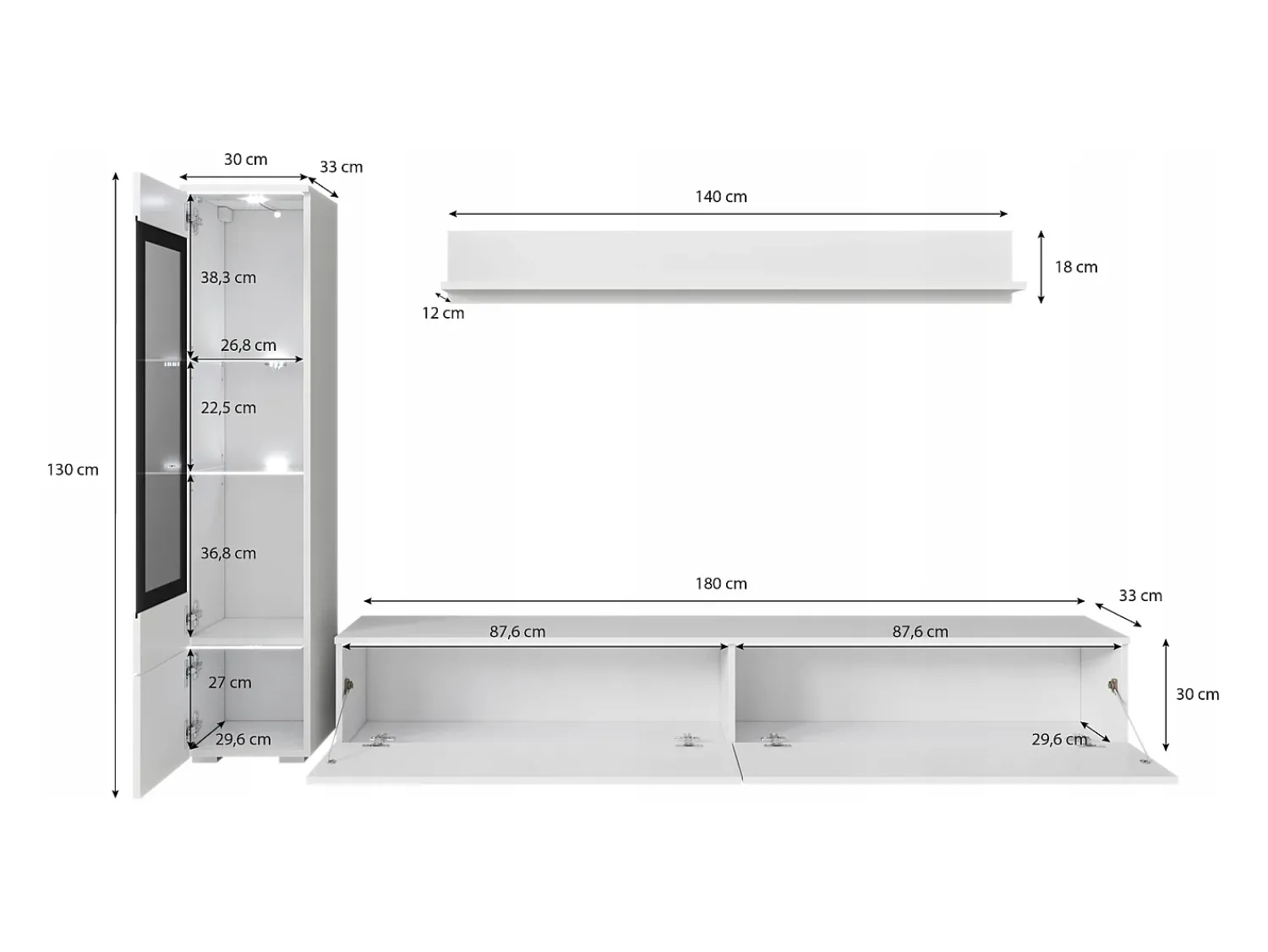 Best Conjunto de móveis para sala 3 elementos com LED – rack 180 cm, vitrine e prateleira, fosco Preto