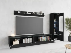 Best Conjunto de móveis para sala 3 elementos com LED – rack 180 cm, vitrine e prateleira, fosco Preto