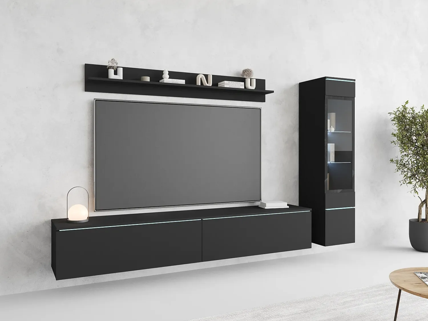 Best Conjunto de móveis para sala 3 elementos com LED – rack 180 cm, vitrine e prateleira, fosco Preto