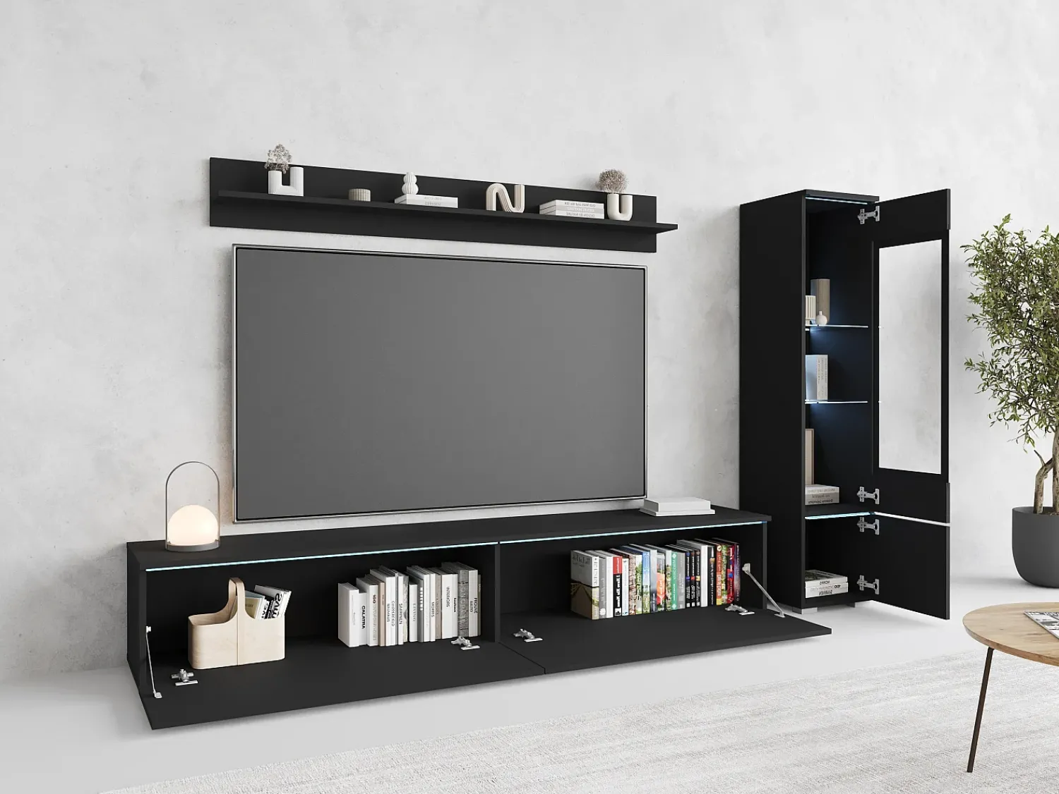 Best Conjunto de móveis para sala 3 elementos com LED – rack 180 cm, vitrine e prateleira, fosco Preto