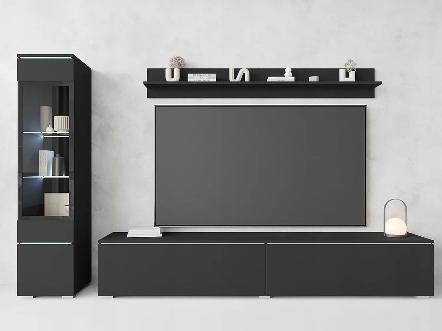 Best Conjunto de móveis para sala 3 elementos com LED – rack 180 cm, vitrine e prateleira, fosco Preto