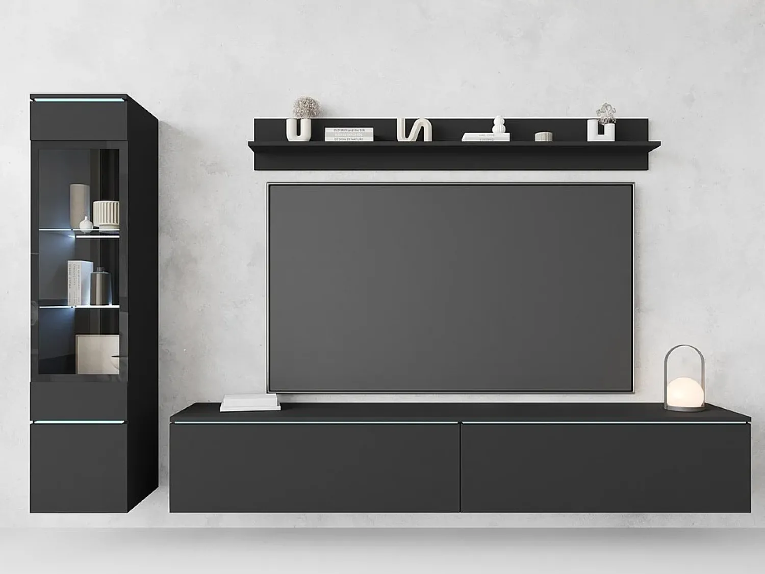 Best Conjunto de móveis para sala 3 elementos com LED – rack 180 cm, vitrine e prateleira, fosco Preto