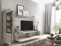 Móvel De Tv* Conjunto de móveis para sala 3 elementos com LED – rack 180 cm, vitrine e prateleira, corpo cimento fosco, frentes branco brilho Cinzento