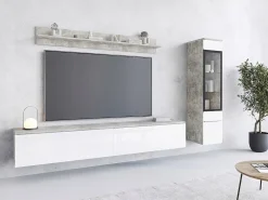 Móvel De Tv* Conjunto de móveis para sala 3 elementos com LED – rack 180 cm, vitrine e prateleira, corpo cimento fosco, frentes branco brilho Cinzento