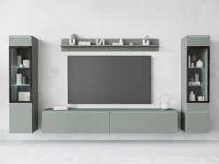 Conjunto de móveis para sala com LED 4 elementos – rack 180 cm, 2 vitrines e prateleira, composição de parede de pé ou suspensa, verde névoa^ Móvel De Tv