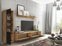 Móvel De Tv* Conjunto de móveis para sala 3 elementos com LED – rack 180 cm, vitrine e prateleira, corpo carvalho Wotan, frentes preto brilho Natural escuro