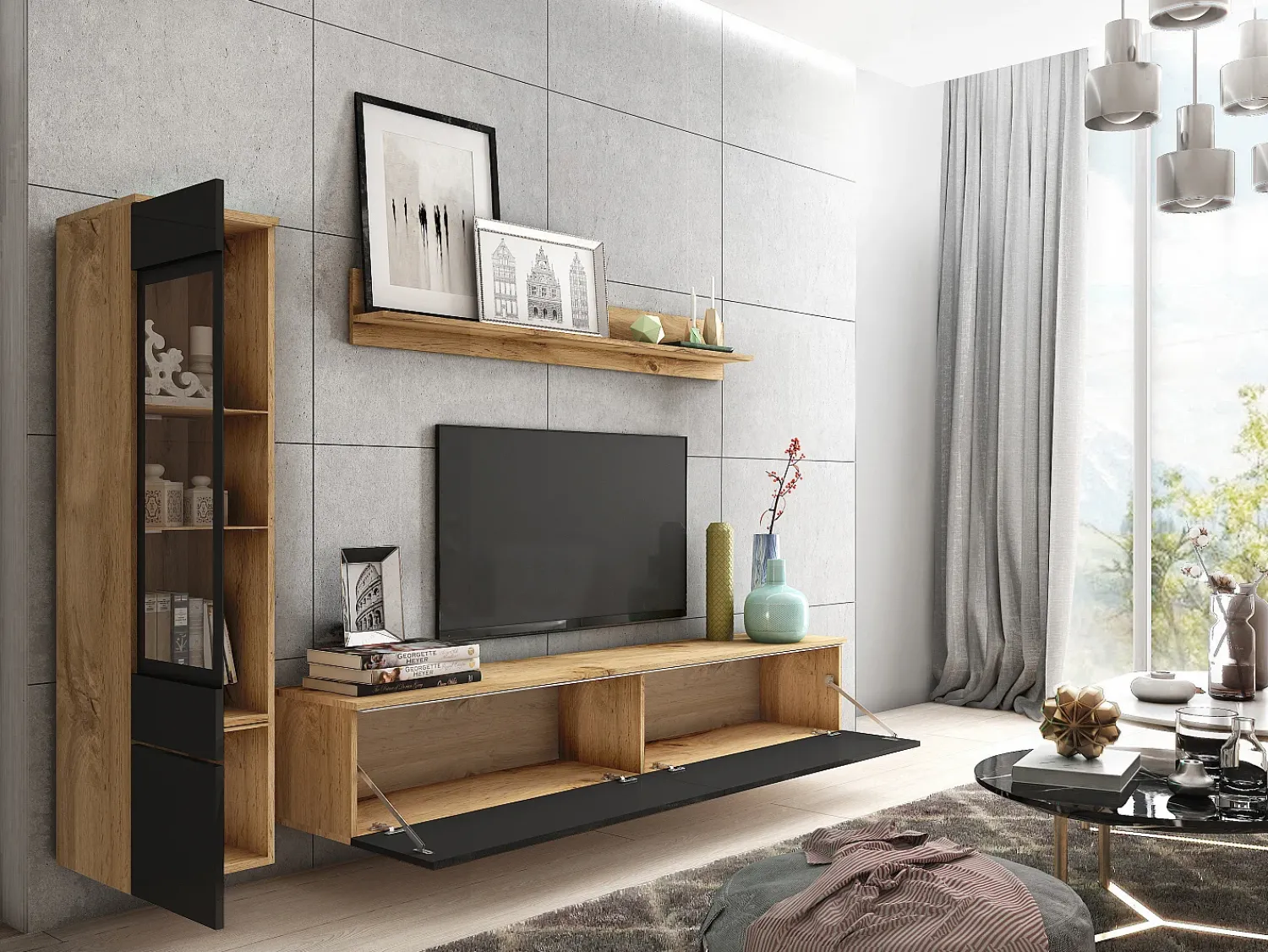 Móvel De Tv* Conjunto de móveis para sala 3 elementos com LED – rack 180 cm, vitrine e prateleira, corpo carvalho Wotan, frentes preto brilho Natural escuro