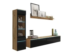 Móvel De Tv* Conjunto de móveis para sala 3 elementos com LED – rack 180 cm, vitrine e prateleira, corpo carvalho Wotan, frentes preto brilho Natural escuro
