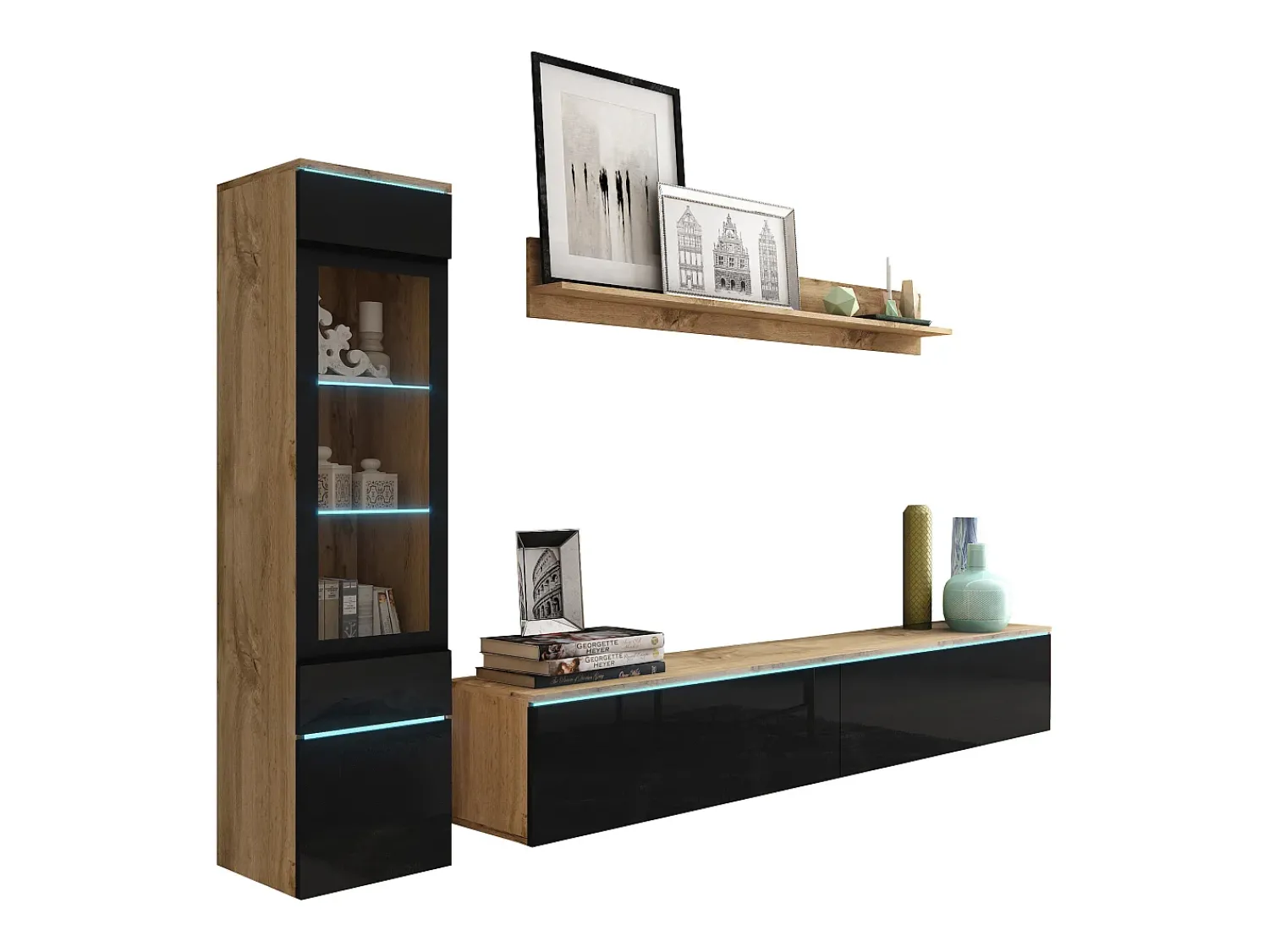 Móvel De Tv* Conjunto de móveis para sala 3 elementos com LED – rack 180 cm, vitrine e prateleira, corpo carvalho Wotan, frentes preto brilho Natural escuro