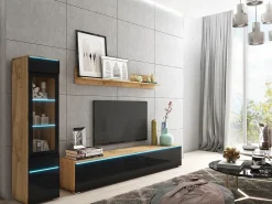 Móvel De Tv* Conjunto de móveis para sala 3 elementos com LED – rack 180 cm, vitrine e prateleira, corpo carvalho Wotan, frentes preto brilho Natural escuro