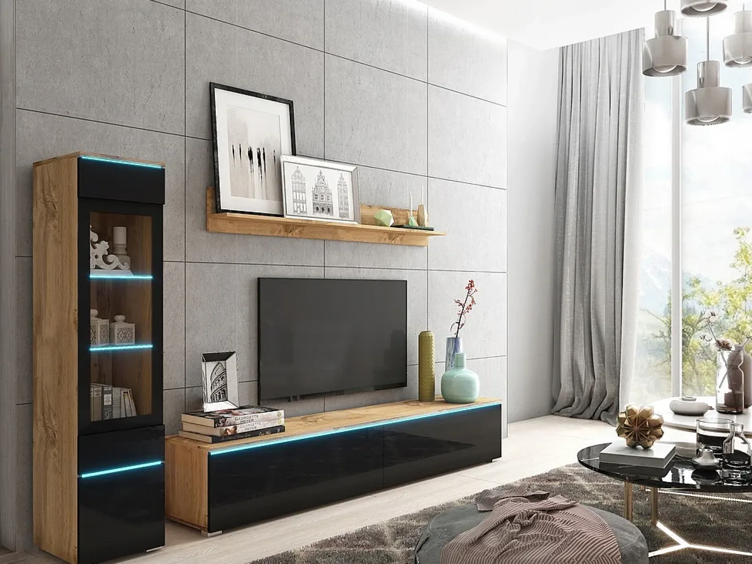 Móvel De Tv* Conjunto de móveis para sala 3 elementos com LED – rack 180 cm, vitrine e prateleira, corpo carvalho Wotan, frentes preto brilho Natural escuro