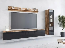 Móvel De Tv* Conjunto de móveis para sala 3 elementos com LED – rack 180 cm, vitrine e prateleira, corpo carvalho Wotan, frentes preto brilho Natural escuro