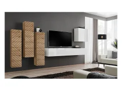 New Price Factory Conjunto de móveis para sala SWITCH III design, cores branco e carvalho Wotan. Acabamentos brilhantes e efeito de carvalho fresado. Castanho