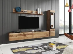 Móvel De Tv| Conjunto de móveis para sala 3 elementos com LED – rack 180 cm, vitrine e prateleira, carvalho Wotan Natural escuro