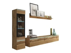 Móvel De Tv| Conjunto de móveis para sala 3 elementos com LED – rack 180 cm, vitrine e prateleira, carvalho Wotan Natural escuro