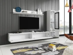 Conjunto de móveis para sala 3 elementos com LED – rack 180 cm, vitrine e prateleira, corpo fosco, frentes brilho^ Móvel De Tv