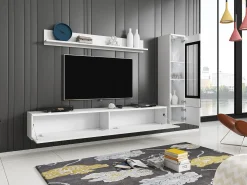 Conjunto de móveis para sala 3 elementos com LED – rack 180 cm, vitrine e prateleira, corpo fosco, frentes brilho^ Móvel De Tv