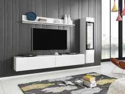 Conjunto de móveis para sala 3 elementos com LED – rack 180 cm, vitrine e prateleira, corpo fosco, frentes brilho^ Móvel De Tv