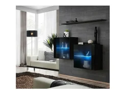 Price Factory Conjunto de móveis para sala de estar SWITCH SBIII, design em cor preta brilhante e porta de vidro com sistema LED integrado.^ Móvel De Tv