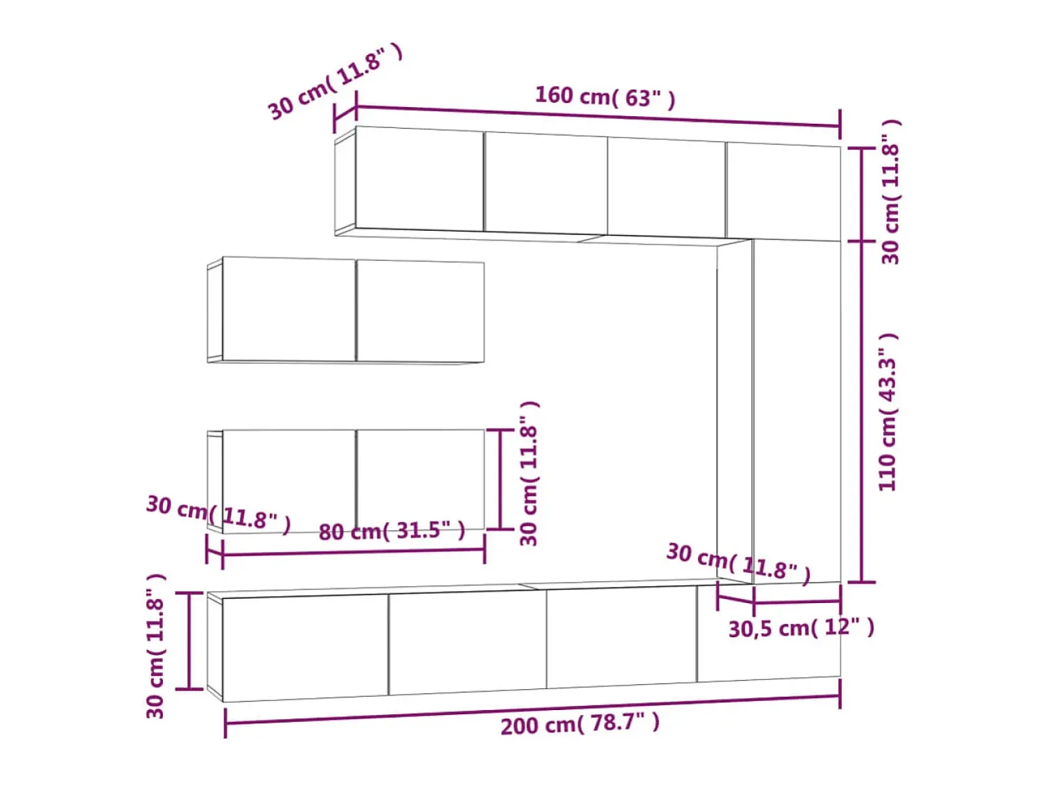 Helloshop26 Conjunto de móveis Sonoma de madeira engenheirada com 7 peças (armário aparador suporte para TV sala de estar quarto sala de TV) - 02_0025218 Castanho
