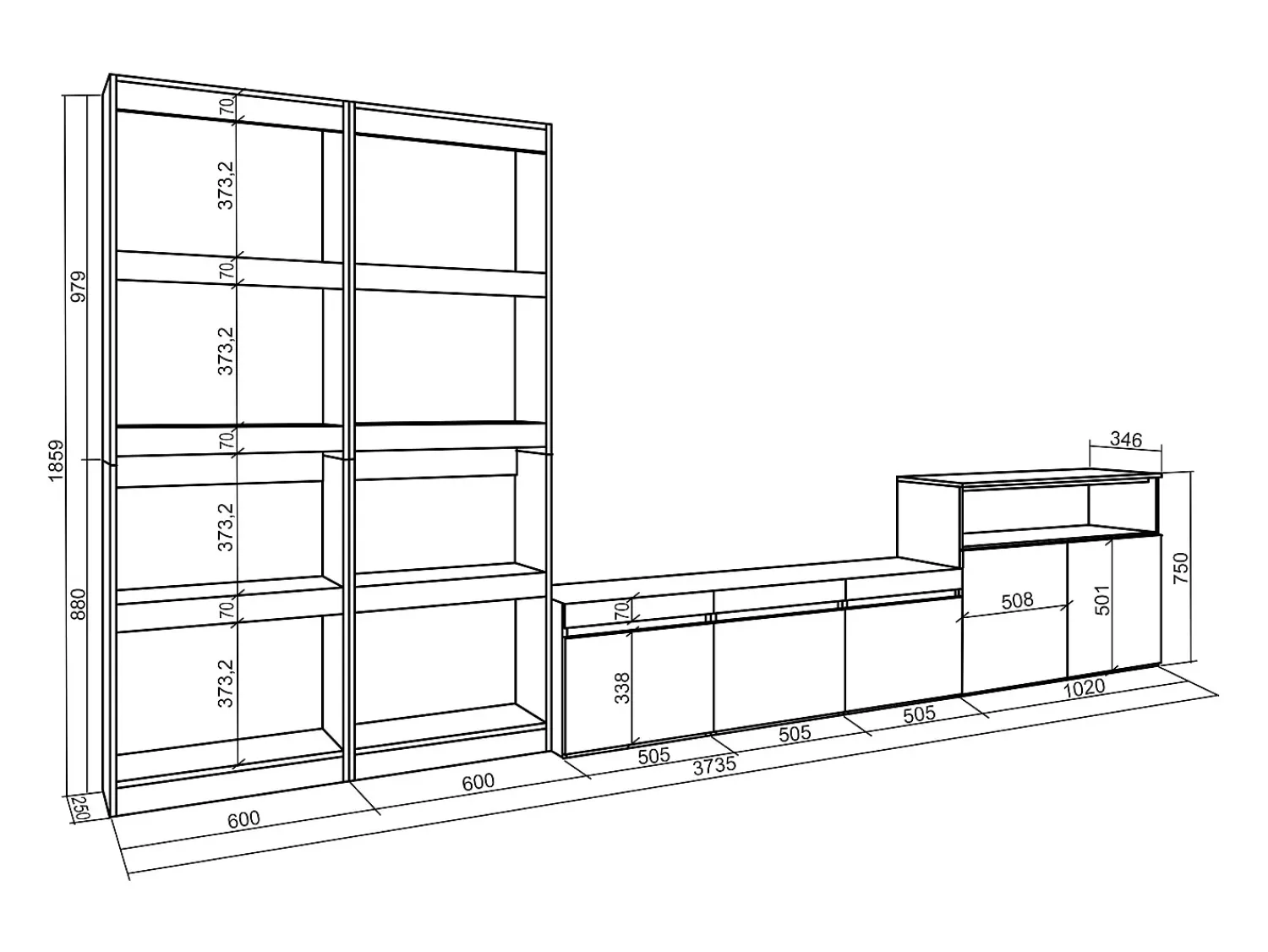 Móvel De Tv*Skraut Home Conjunto de móveis TV, 370x35x186cm, Para televisores até 65", Estante para TV, Cimento Cinzento