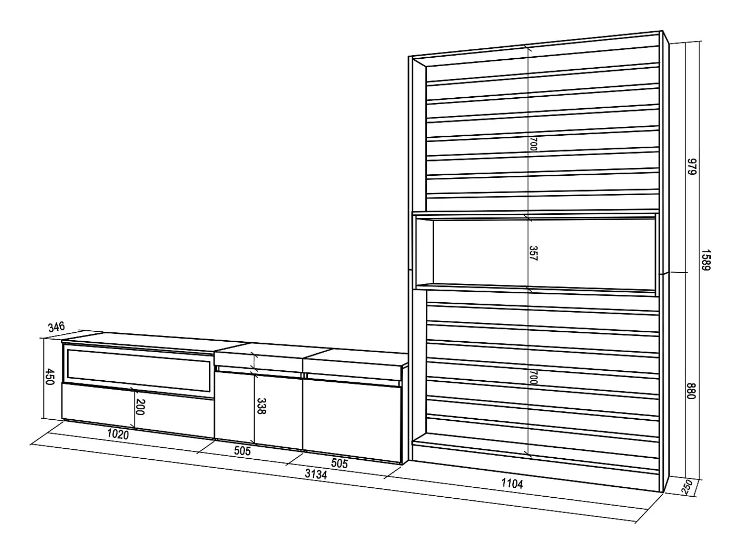 Clearance Skraut Home Conjunto de móveis TV, 310x35x186cm, Para televisores até 80", Estante para TV, Carvahlo e preto Natural claro