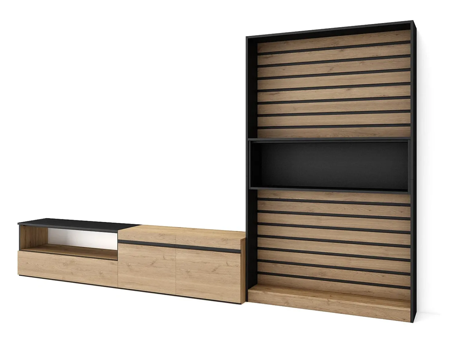 Clearance Skraut Home Conjunto de móveis TV, 310x35x186cm, Para televisores até 80", Estante para TV, Carvahlo e preto Natural claro