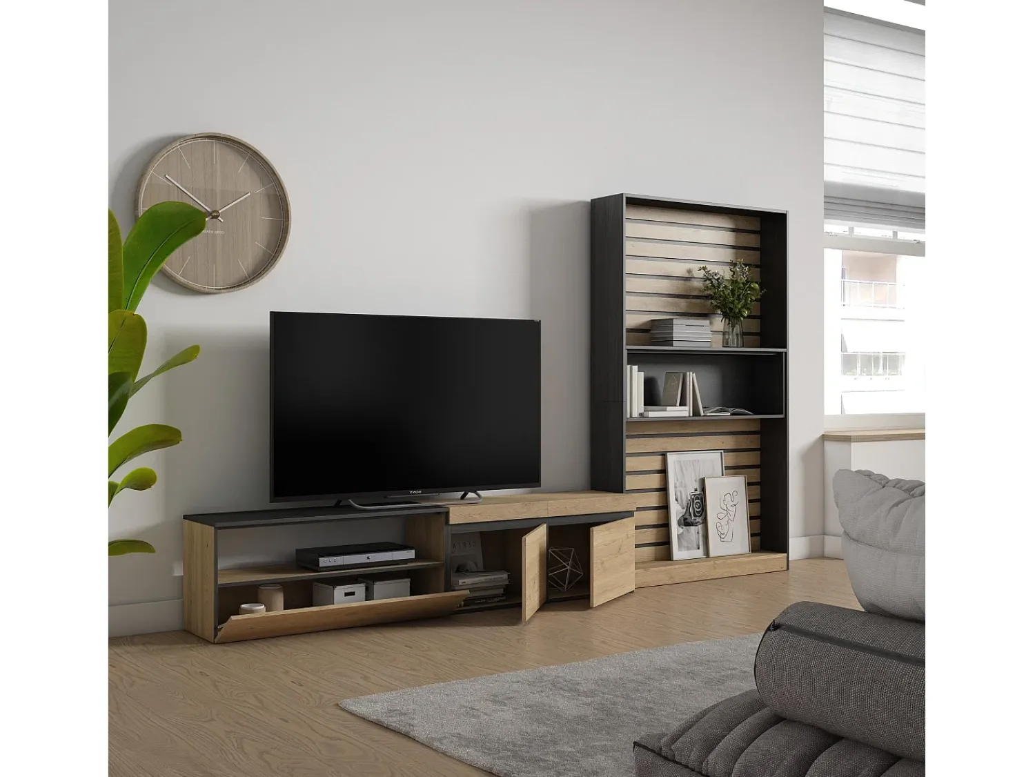 Clearance Skraut Home Conjunto de móveis TV, 310x35x186cm, Para televisores até 80", Estante para TV, Carvahlo e preto Natural claro