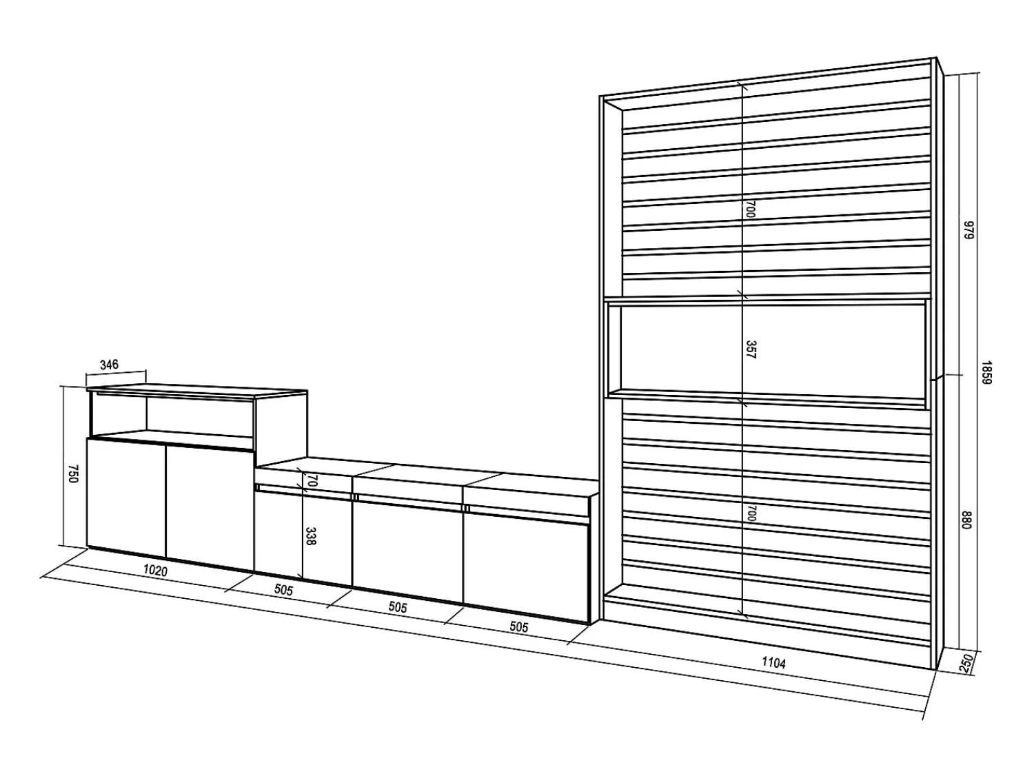 Móvel De Tv*Skraut Home Conjunto de móveis TV, 360x35x186cm, Para televisores até 65", Estante para TV, Carvahlo e preto Natural claro