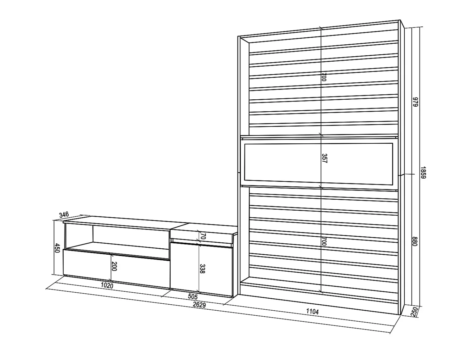 Skraut Home Conjunto de móveis TV, 260x35x186cm, Para televisores até 65", Lareira eléctrica, Carvahlo e preto Natural claro