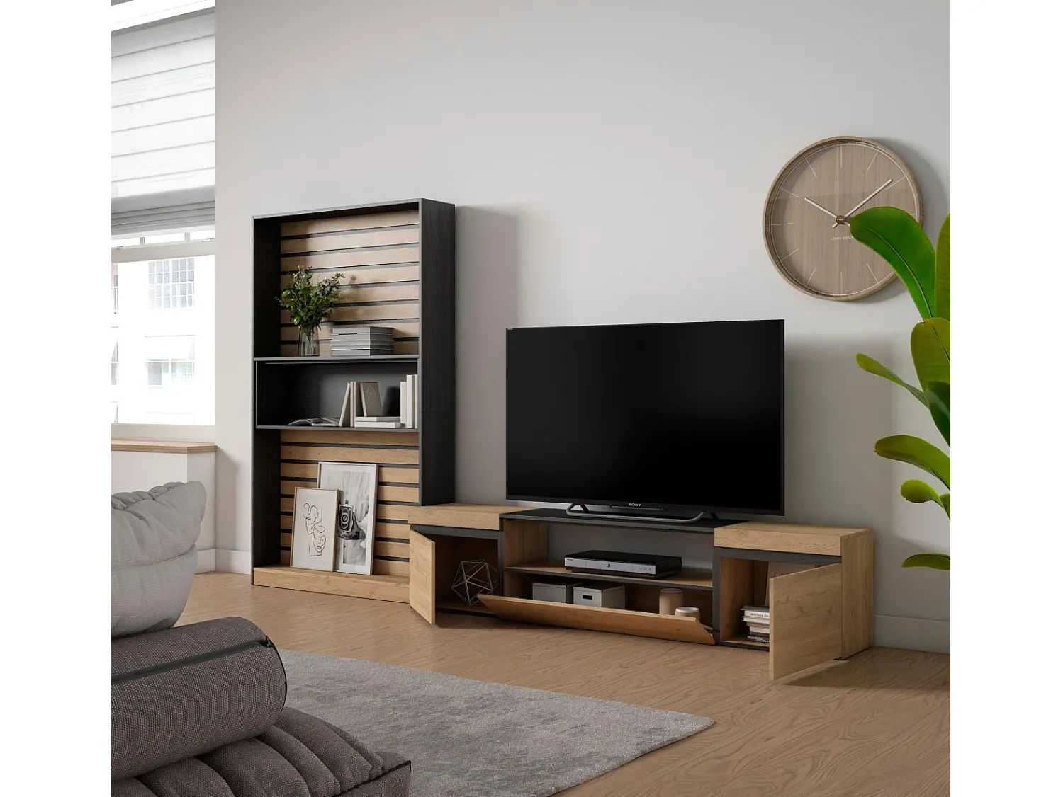 Móvel De Tv*Skraut Home Conjunto de móveis TV, 310x35x186cm, Para televisores até 80", Estante para TV, Carvahlo e preto Natural claro