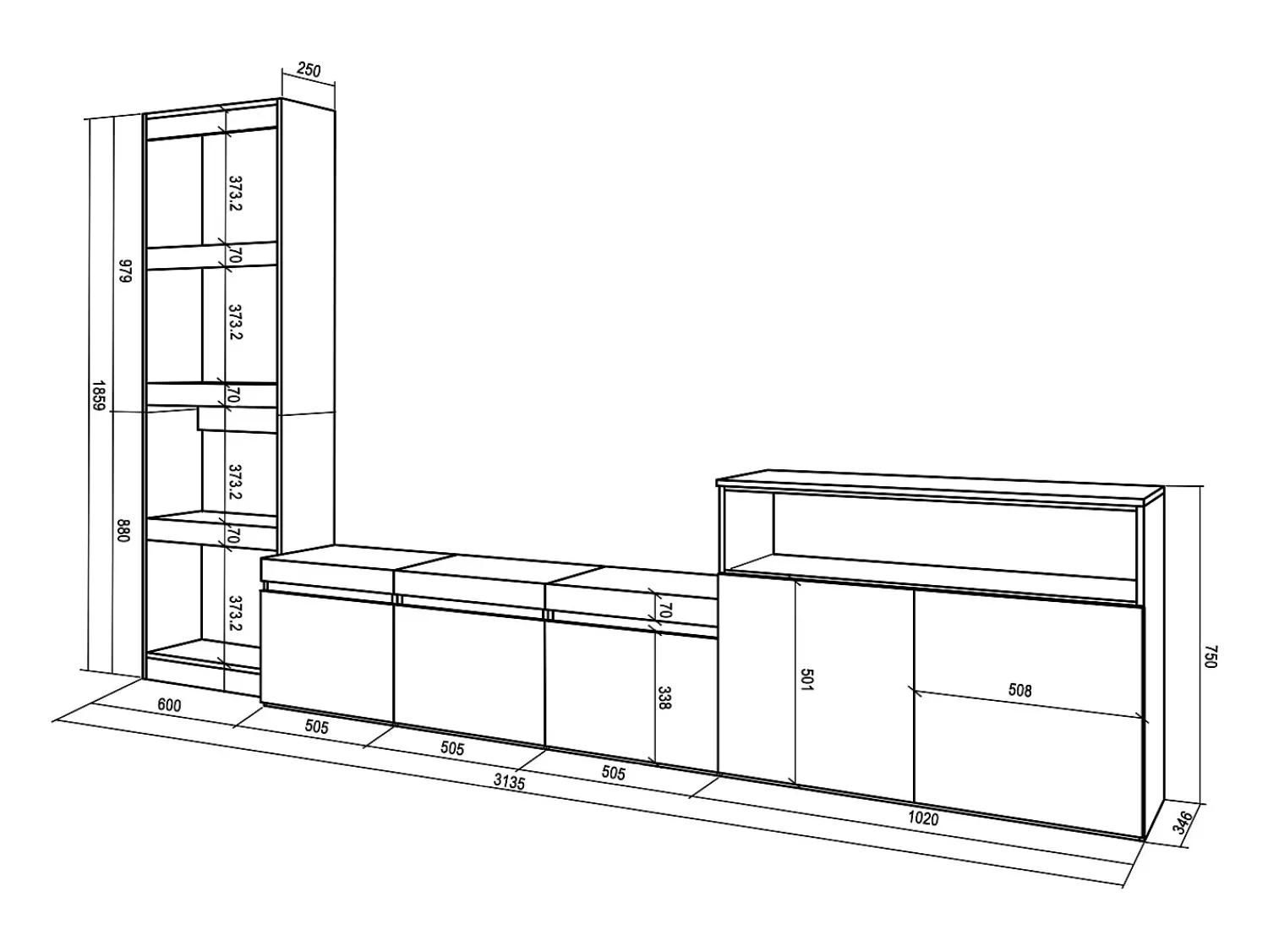 Skraut Home Conjunto de móveis TV, 310x35x186cm, Para televisores até 65", Estante para TV, Carvahlo e preto^ Móvel De Tv