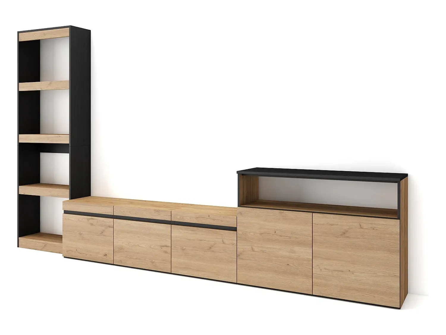 Skraut Home Conjunto de móveis TV, 310x35x186cm, Para televisores até 65", Estante para TV, Carvahlo e preto^ Móvel De Tv
