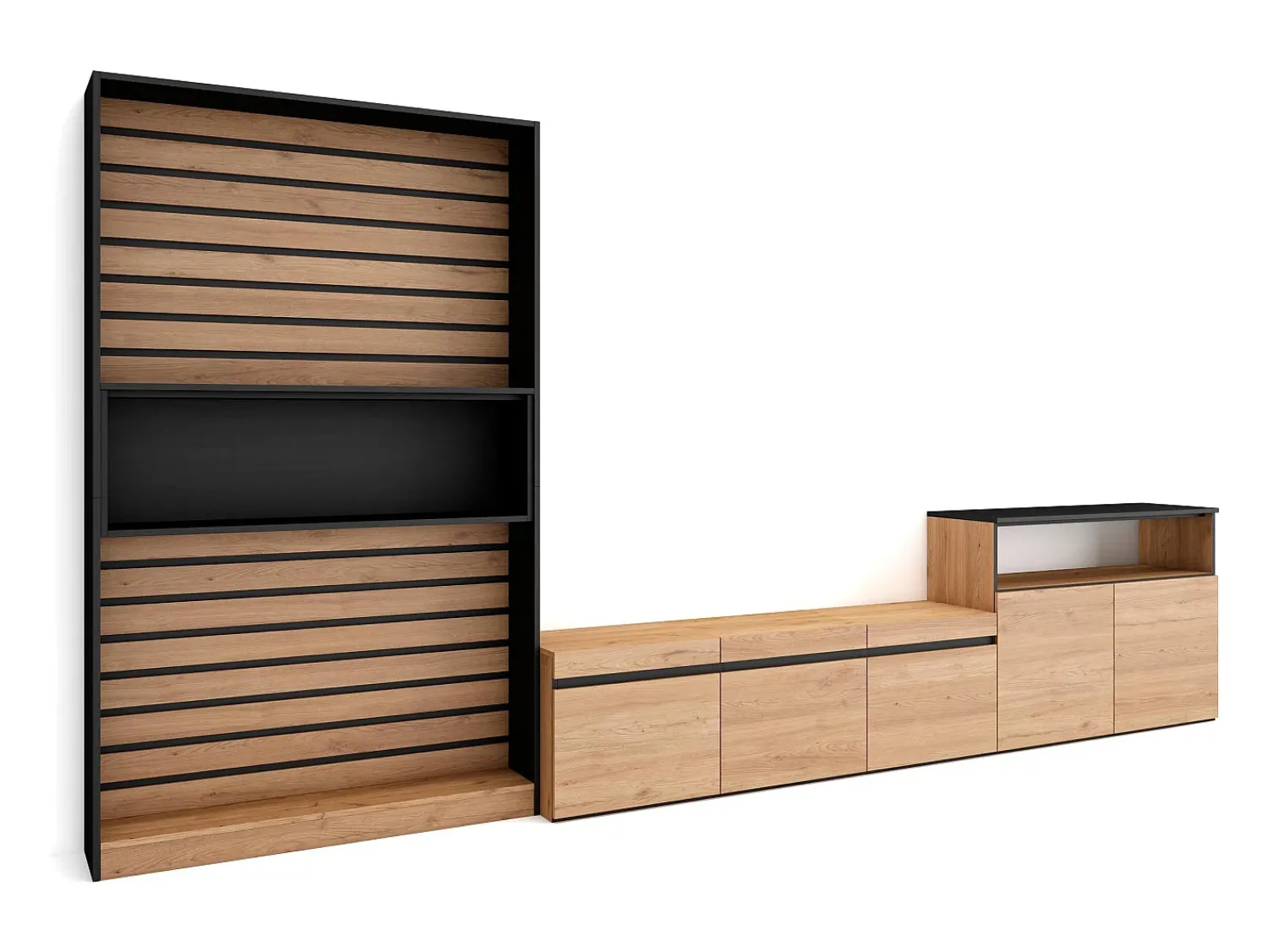 Móvel De Tv|Skraut Home Conjunto de móveis TV, 360x35x186cm, Para televisores até 65", Estante para TV, Carvahlo e preto Natural claro