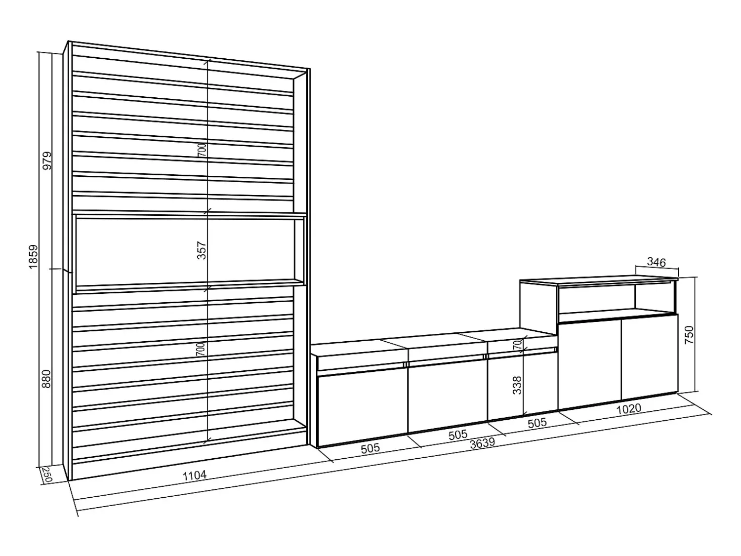 Móvel De Tv|Skraut Home Conjunto de móveis TV, 360x35x186cm, Para televisores até 65", Estante para TV, Carvahlo e preto Natural claro