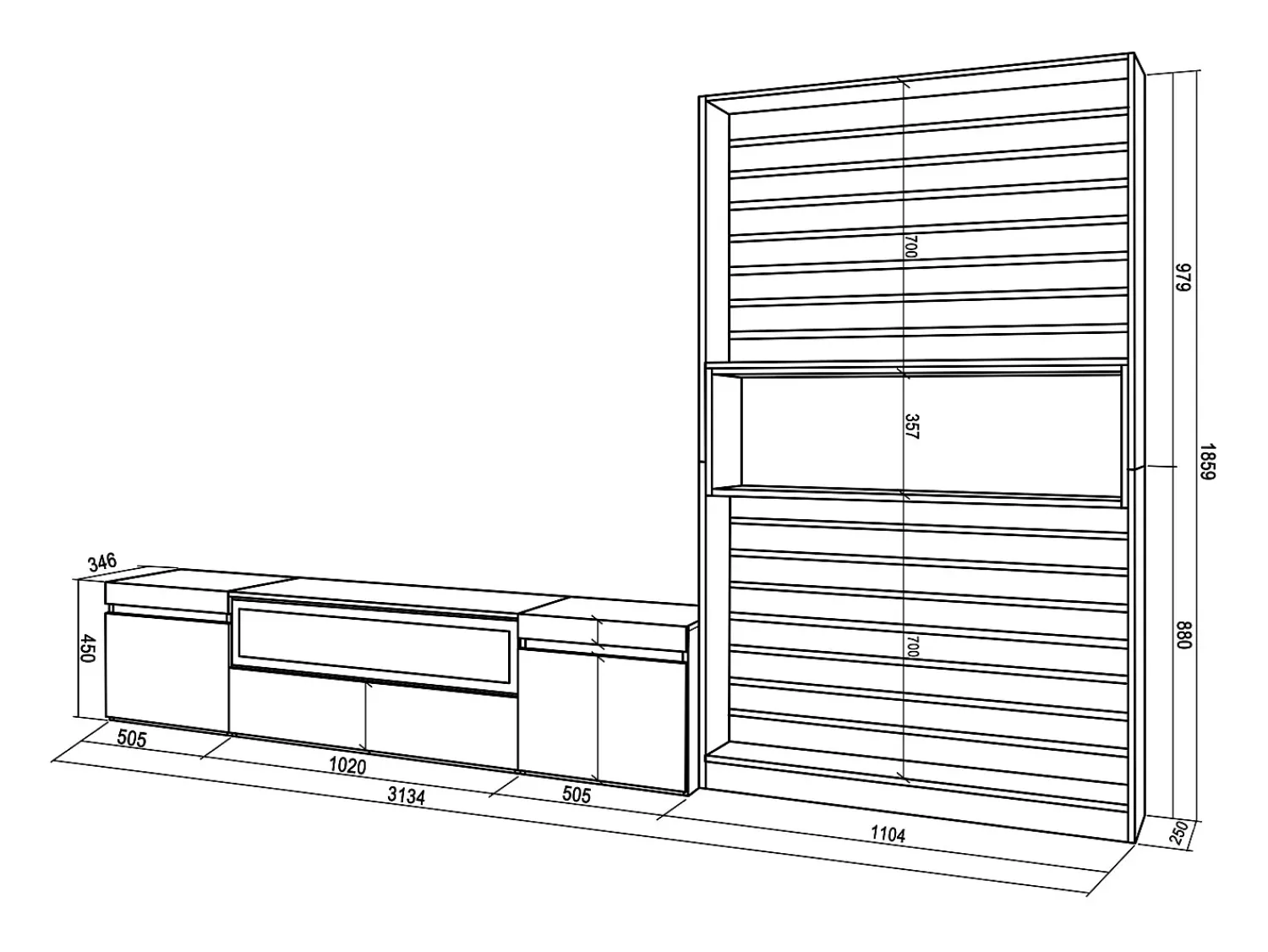 Móvel De Tv|Skraut Home Conjunto de móveis TV, 310x35x186cm, Para televisores até 80", Lareira eléctrica, Carvahlo e preto Natural claro