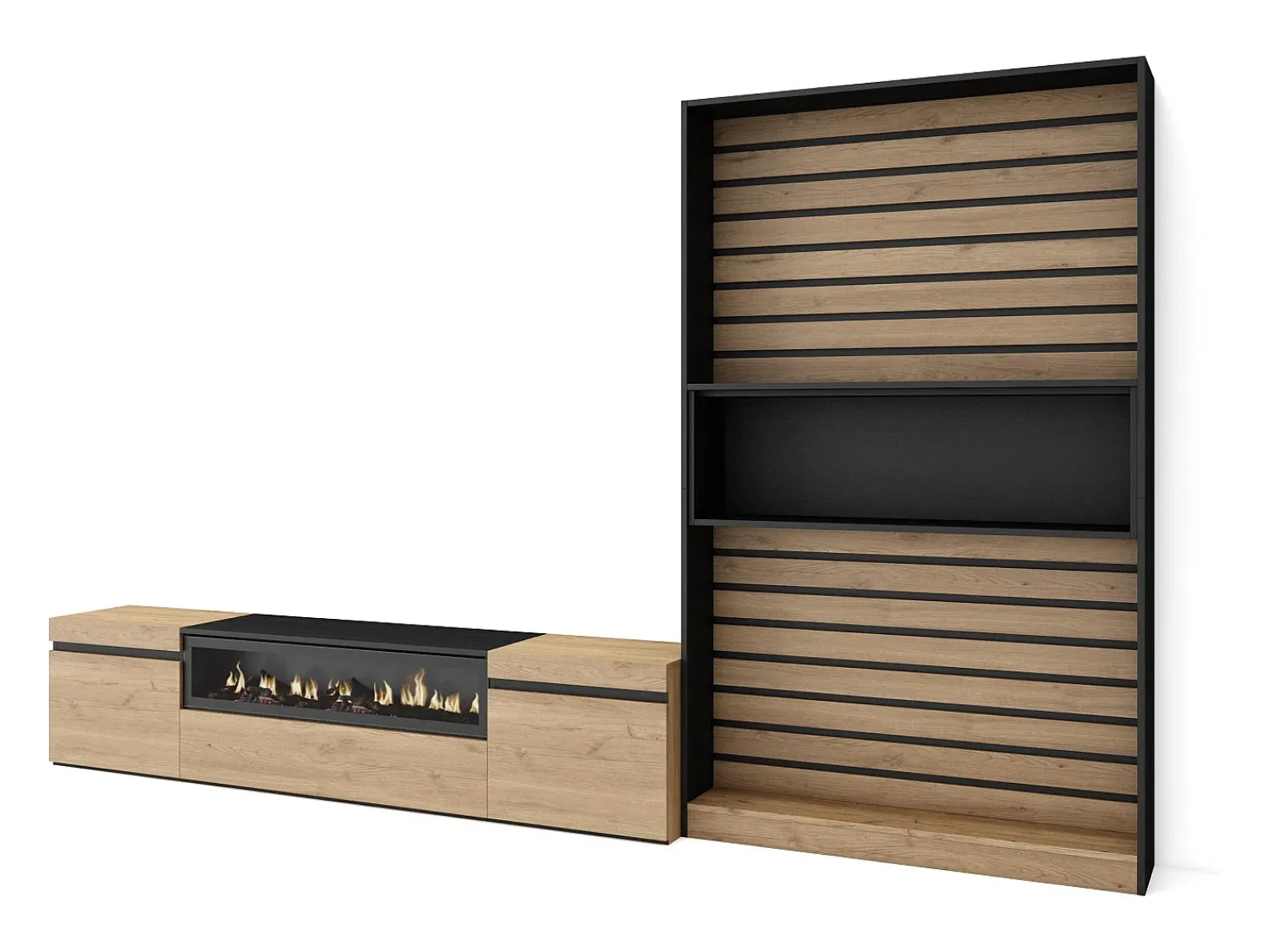 Móvel De Tv|Skraut Home Conjunto de móveis TV, 310x35x186cm, Para televisores até 80", Lareira eléctrica, Carvahlo e preto Natural claro