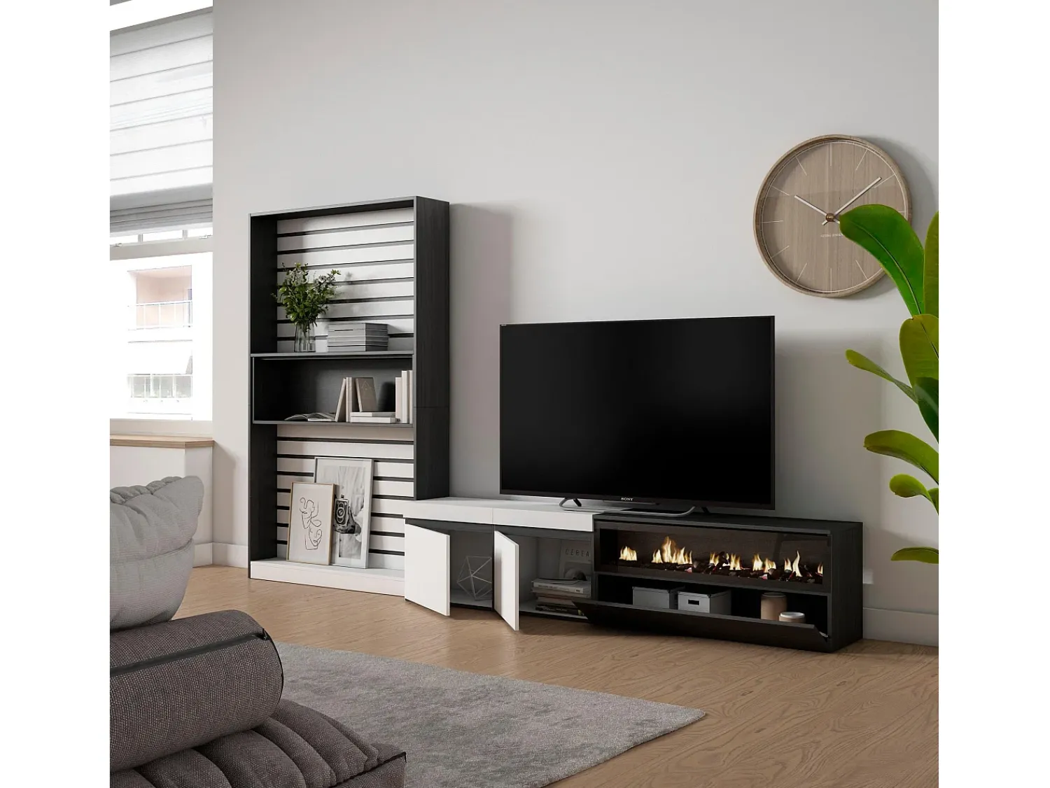 Móvel De Tv|Skraut Home Conjunto de móveis TV, 310x35x186cm, Para televisores até 80", Lareira eléctrica, e preto Branco