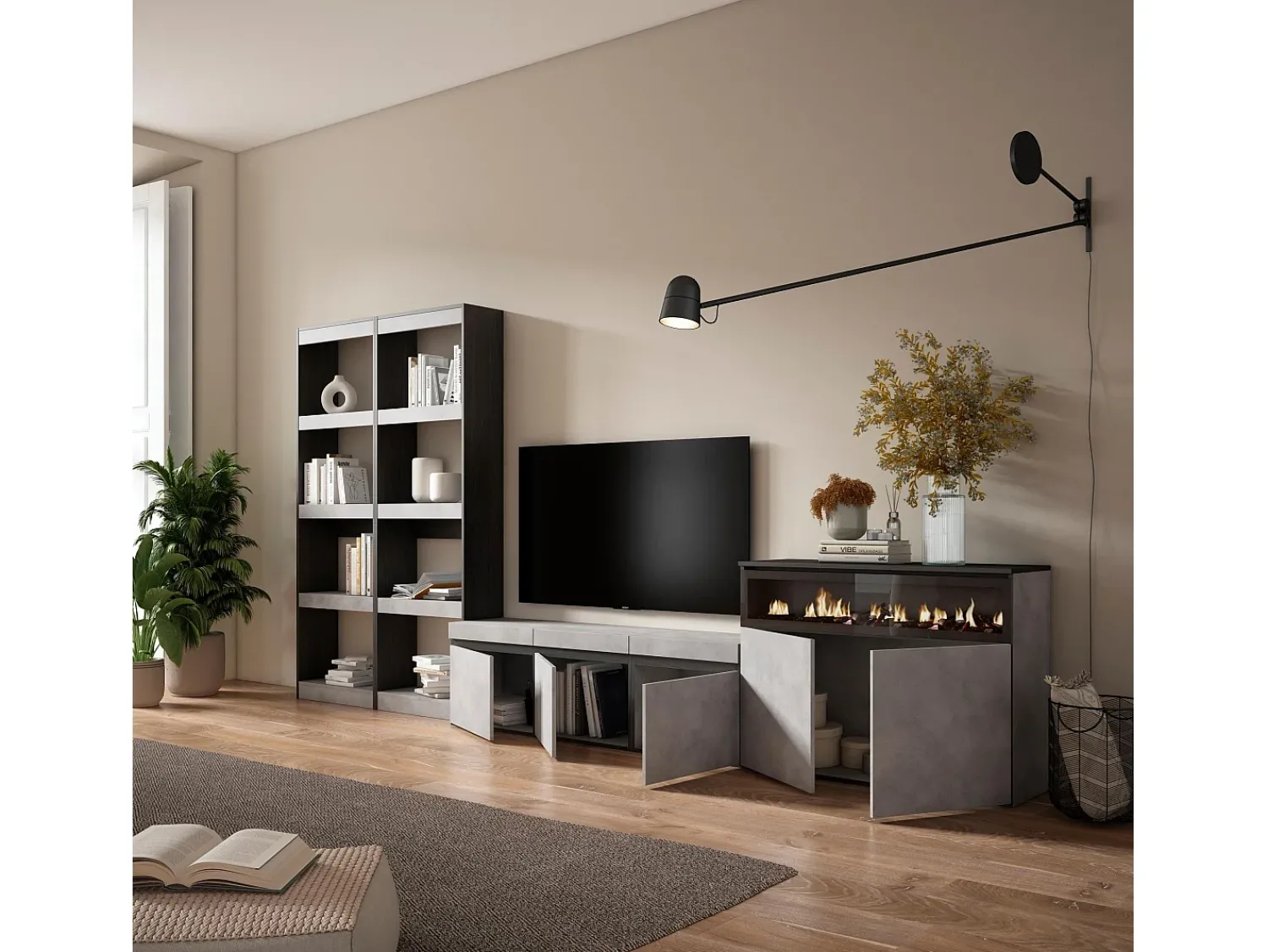Móvel De Tv|Skraut Home Conjunto de móveis TV, 370x35x186cm, Para televisores até 65", Lareira eléctrica, Cimento Cinzento