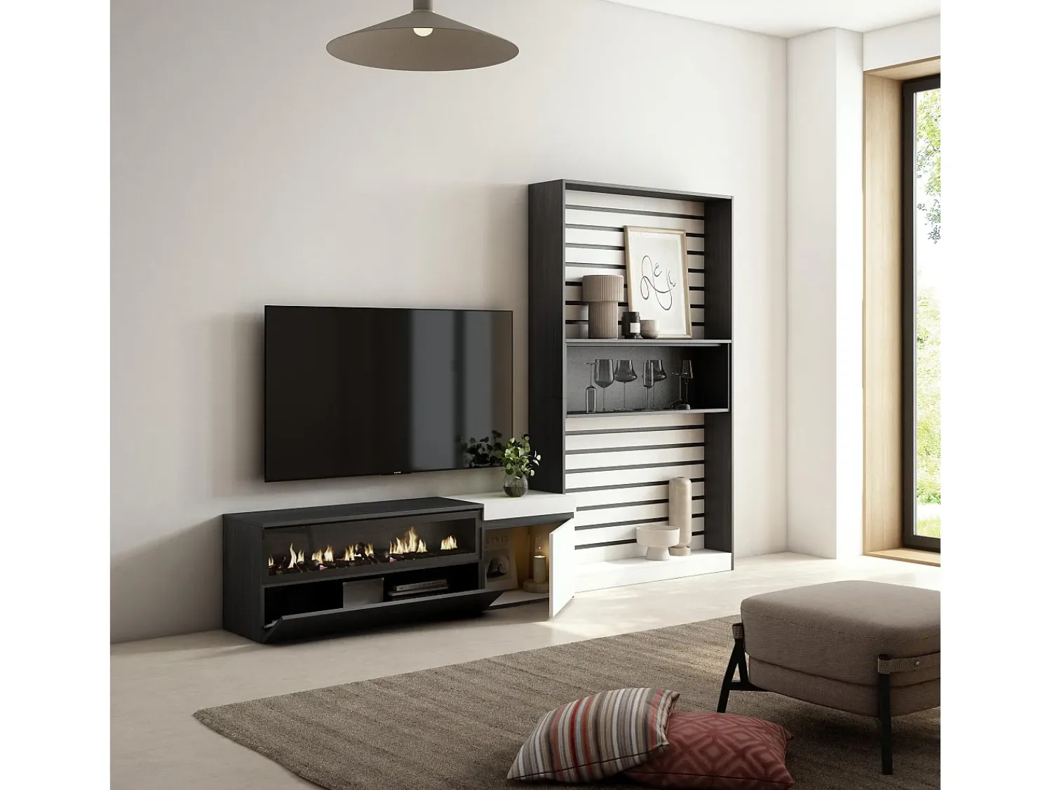 Móvel De Tv|Skraut Home Conjunto de móveis TV, 260x35x186cm, Para televisores até 65", Lareira eléctrica, e preto Branco