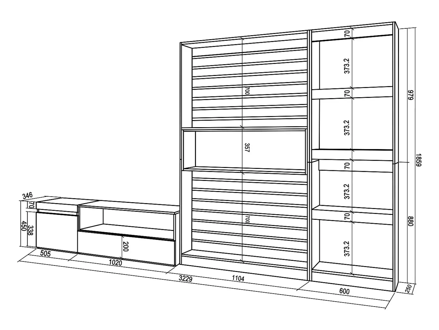 Online Skraut Home Conjunto de móveis TV, 320x35x186cm, Estante para TV, Carvahlo e preto Natural claro