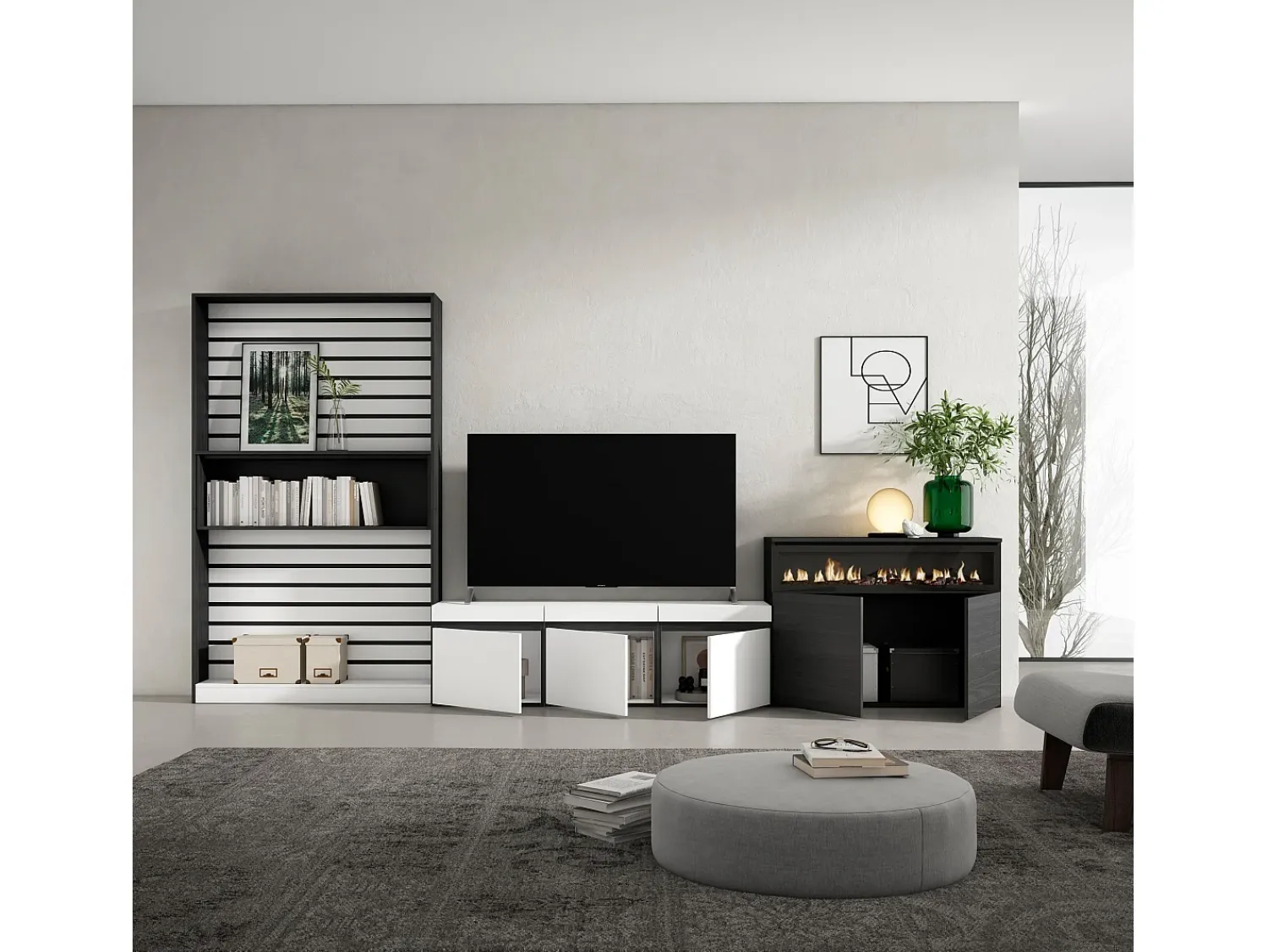 Skraut Home Conjunto de móveis TV, 360x35x186cm, Para televisores até 65", Lareira eléctrica, e preto^ Móvel De Tv